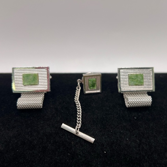 Vintage Dante Cuff Links Silver Tone Mesh Wrap Genuine Jade Stone - Picture 2 of 4